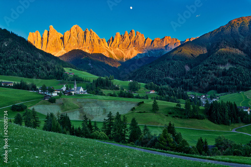 Iconic Dolomites mountain landscape in Santa Maddalena, Funes valley, Italy.