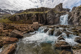 River, Waterfall and mountain landscape in Fjardabyggd municipality in Eastern Iceland