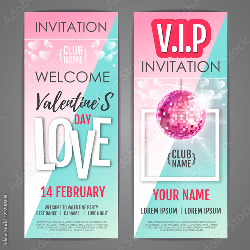 Happy Valentine`s Day disco party poster. Valentine invitation design