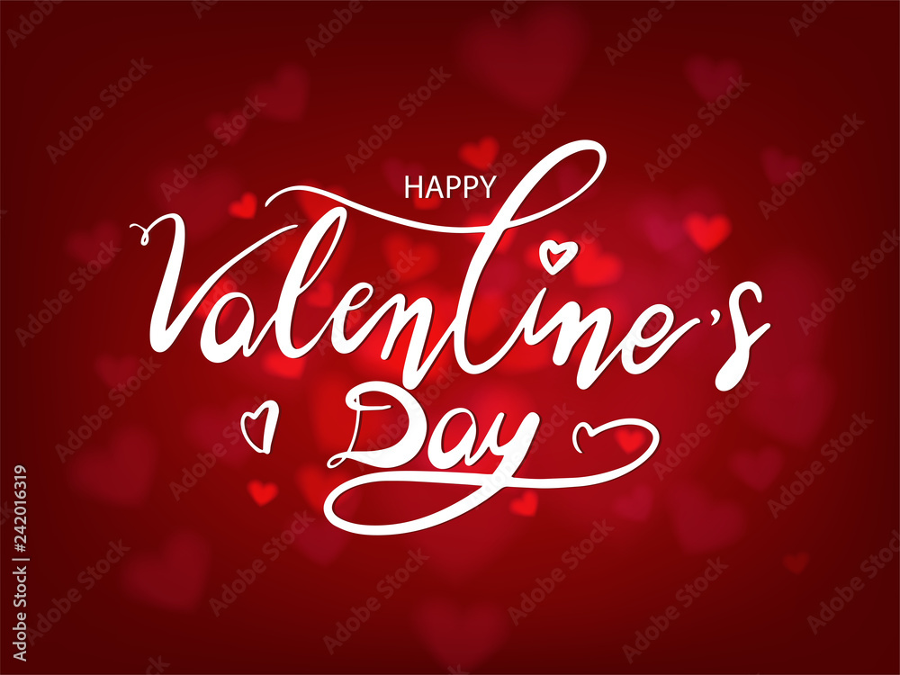 White happy valentine's day lettering on red heart bokeh background