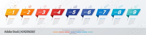 Timeline infographics design vector and business icons with 9 options.