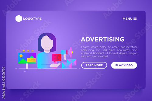 Advertising web page template: woman gives ad on billboard, email and social media. Flat gradient icons. Vector illustration.