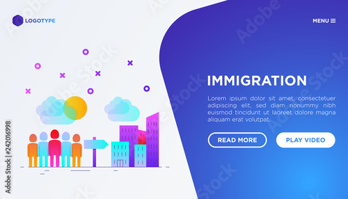 Immigration web page template with gradient flat icons: immigrants moving to the big city. Modern vector illustration.