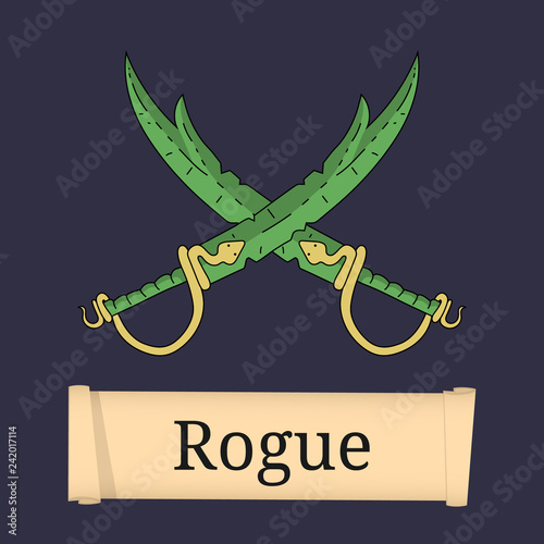 Rogue Class. Attributes of rogue isolated on grey background. Select your class. Vector illustration.