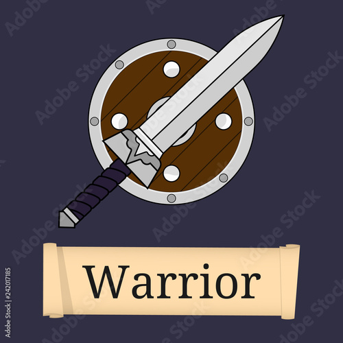 Warrior, Barbarian, Knight Classes. Attributes of warrior class isolated on grey background. Select your class. Vector illustration.