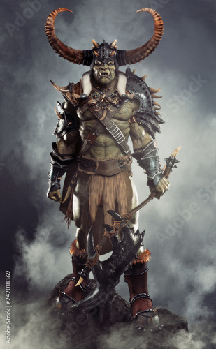 Savage Orc Brute leader posed on a rock outcrop wearing traditional armor and equipped with a large axe . Fantasy themed character with a haze and smoked background. 3d Rendering