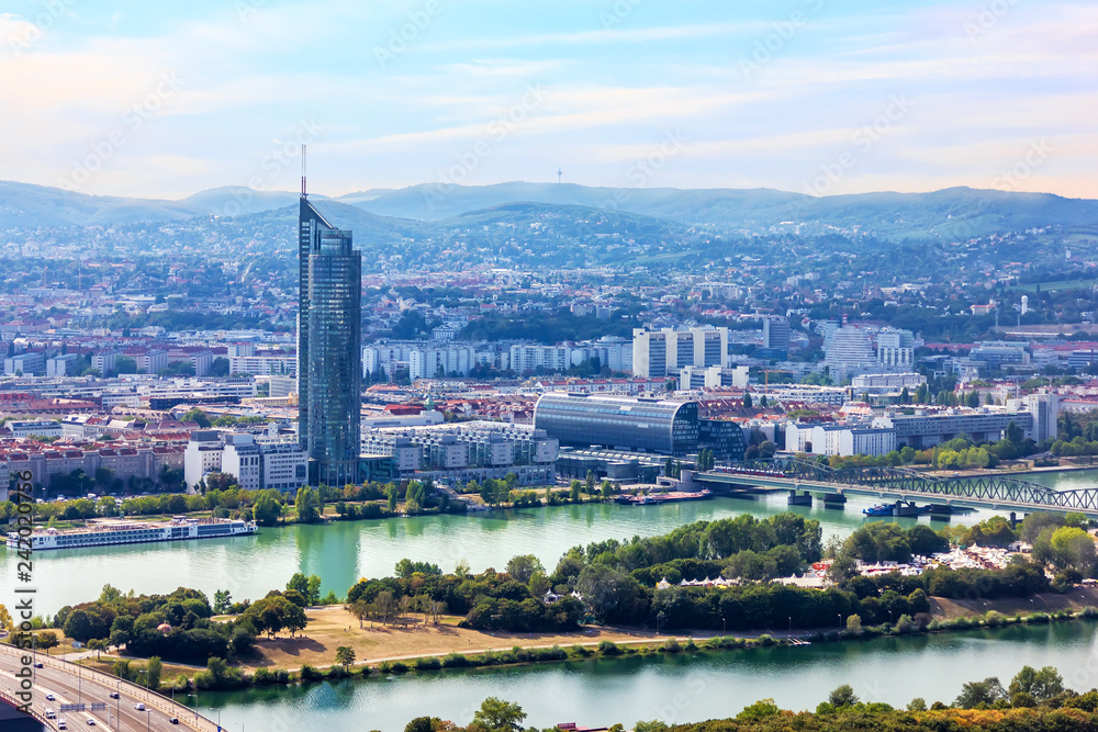 Towers in the modern district of Vienna and the bridges over the