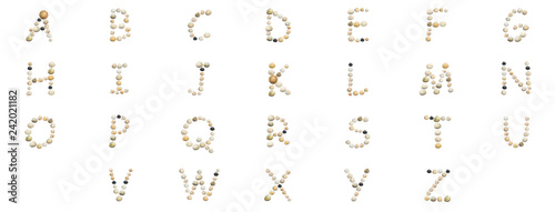 letters of the English alphabet collected from seashells
