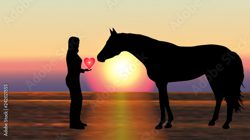 Girl gives the horse a heart at sunset - vector illustration with silhouettes