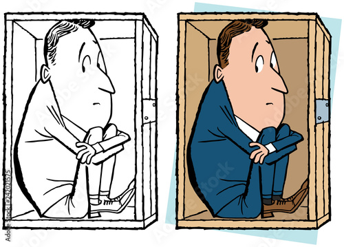 A man trapped in a tight, confining box feeling claustrophobic. 