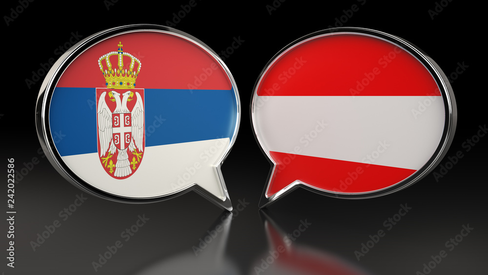 Serbia and Austria flags with Speech Bubbles. 3D illustration Serbia and Austria flags with Speech Bubbles. 3D illustration