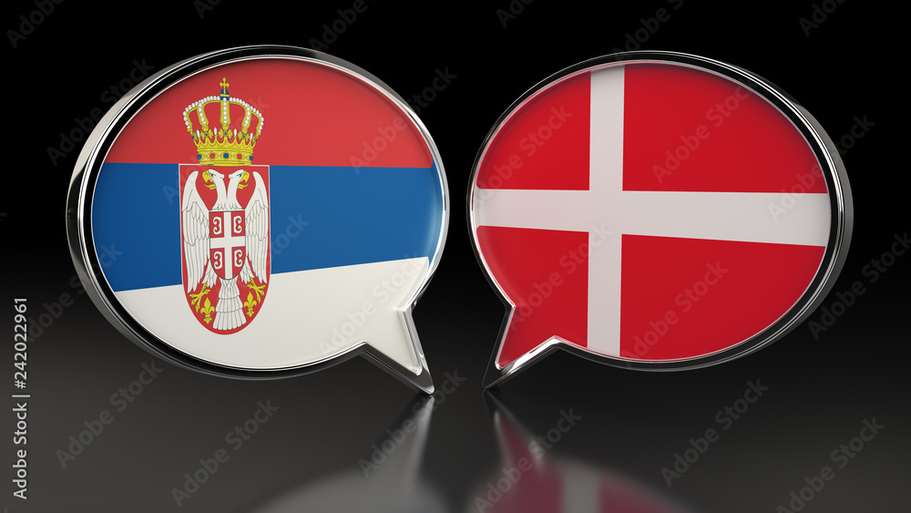 Fototapeta premium Serbia and Denmark flags with Speech Bubbles. 3D illustration