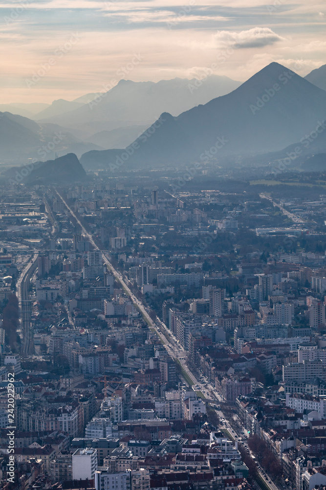 Grenoble, France, January 2019 : Aerial view of Cours Jean Jaures.