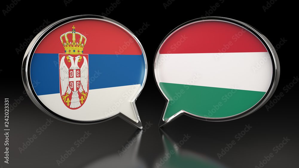 Obraz premium Serbia and Hungary flags with Speech Bubbles. 3D illustration