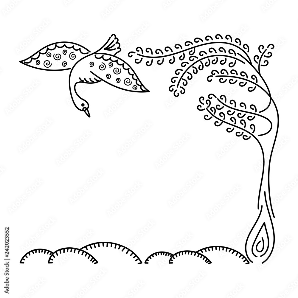 Obraz premium Beautiful Swan , unusual tree. Outline. hand drawn. Card design template, invitations and more. Vector illustration.