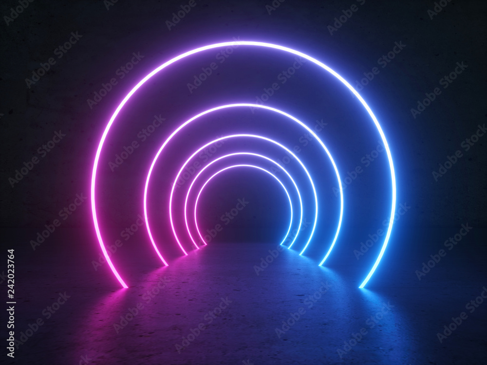 Neon Glowing Circle Round Shape Tubes On Reflection Concrete Floor Neon Glowing Circle Round Shape Tubes On Reflection Concrete Floor