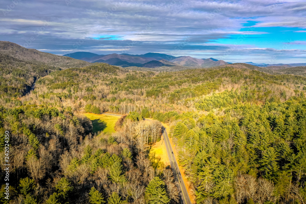 Aerial view of suburban road in Georgia Mountains