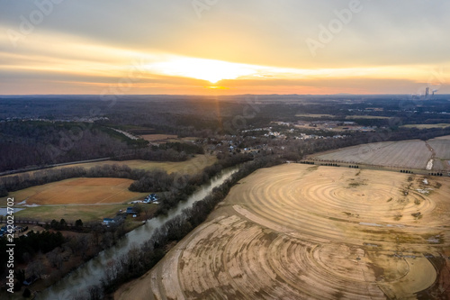 Aerial view of farms and concentric circles in Cartersville Georgia
