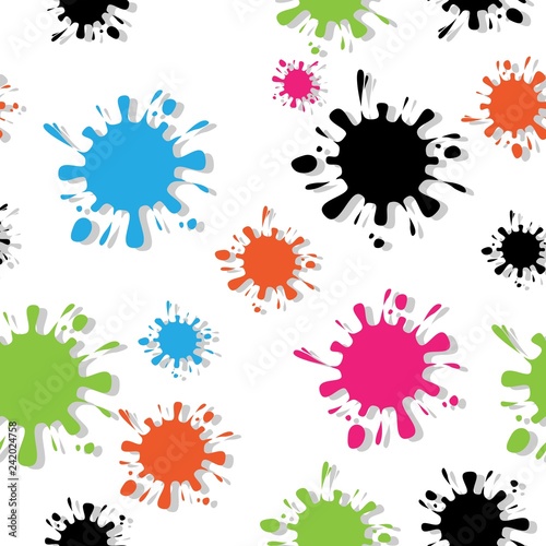 Seamless pattern made of color ink blots with drop shadow isolated on white