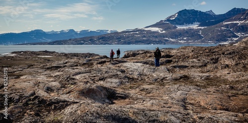 hiking in arctic landscape among  the  fjords of East Greenland in summer photo