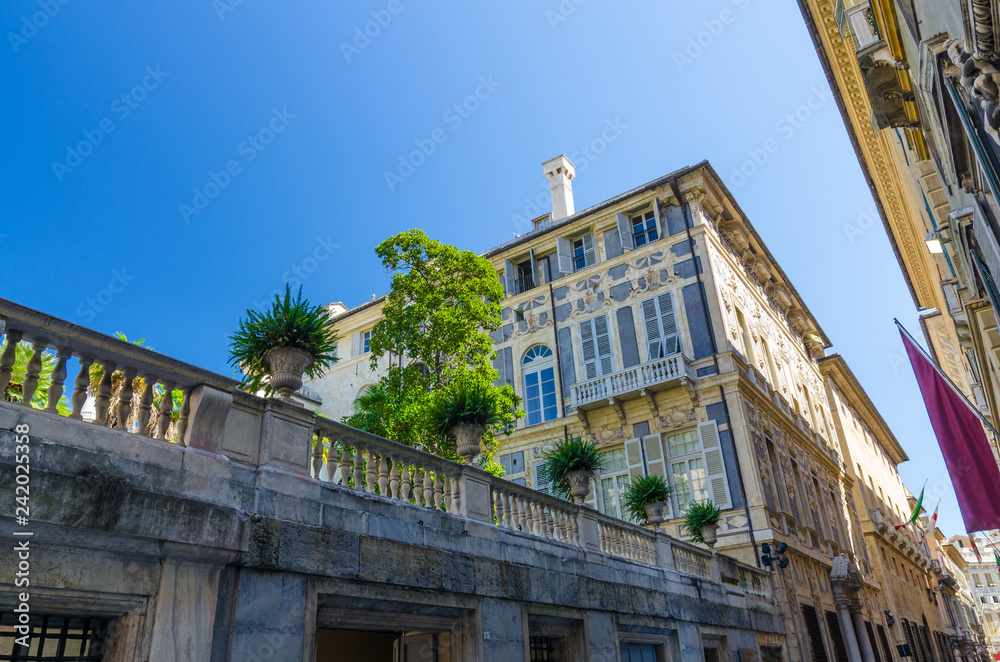 Balustrade with green plants and flowers of Palazzo Doria Tursi palace classic typical building on Via Garibaldi street in historical centre of old european city Genoa (Genova), Liguria, Italy