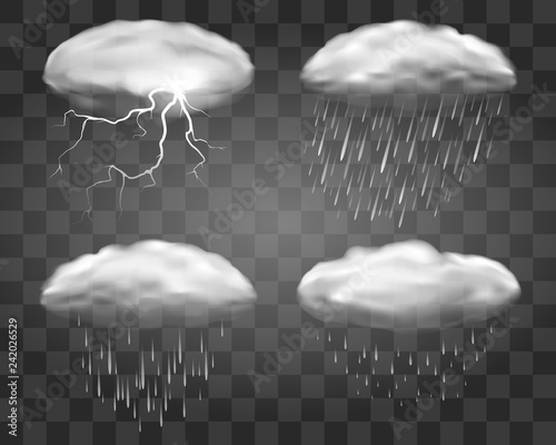 Realistic rain clouds on transparent background. Fall weather eddy clouds, vector 3d rainstorm cloud set with heavy stormy rainfall