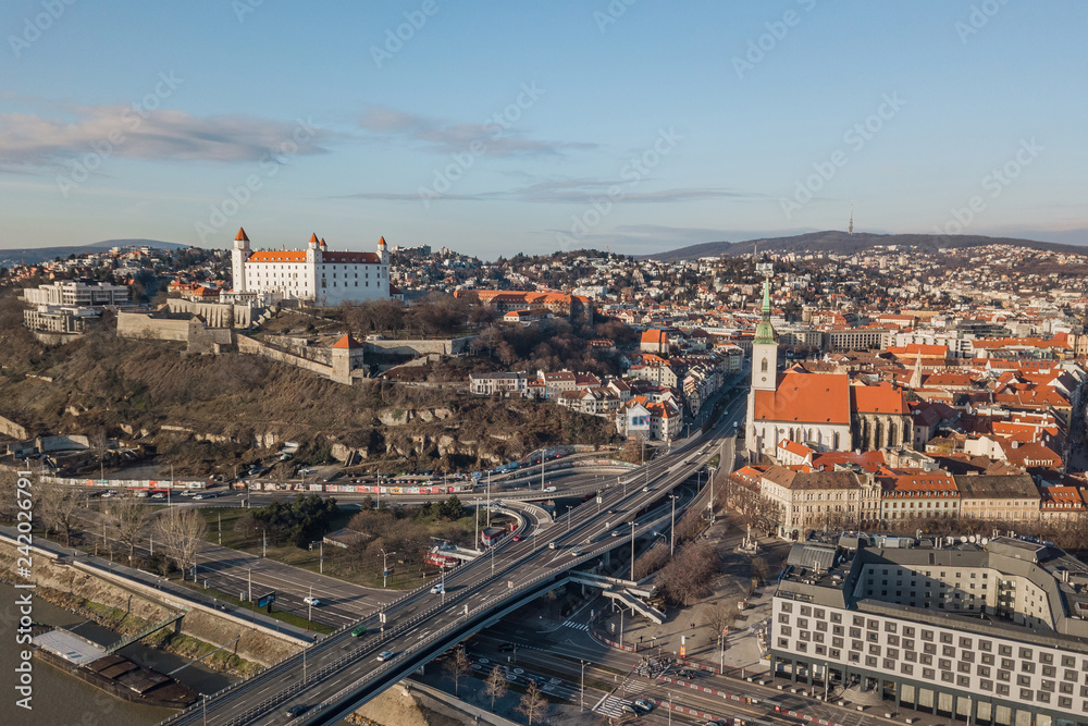 Cityscape of Bratislava, city center. Aerial view