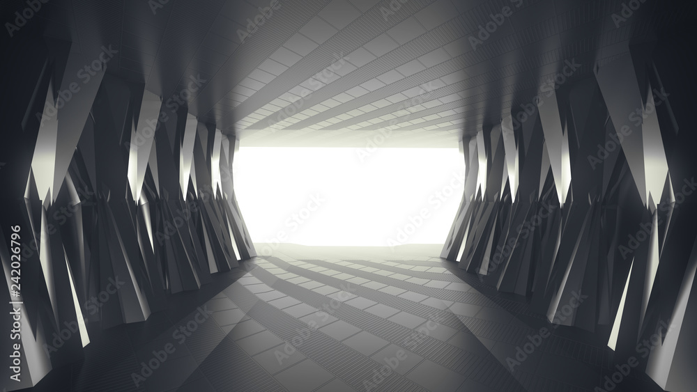 Futuristic Silver tunnel with light background, 3d illustration. 