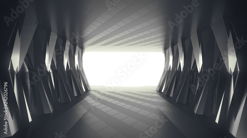 Fototapeta Naklejka Na Ścianę i Meble -  Futuristic Silver tunnel with light background, 3d illustration. 