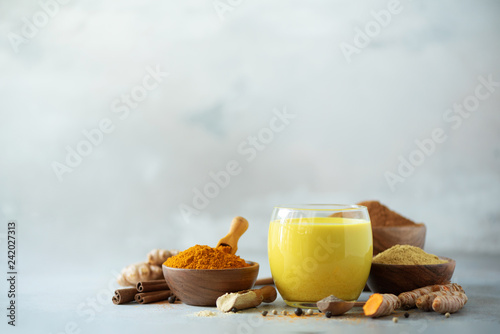Ingredients for turmeric latte. Turmeric powder, curcuma root, cinnamon, ginger over grey background. Copy space, square crop. Spices for ayurvedic treatment. Alternative medicine concept.