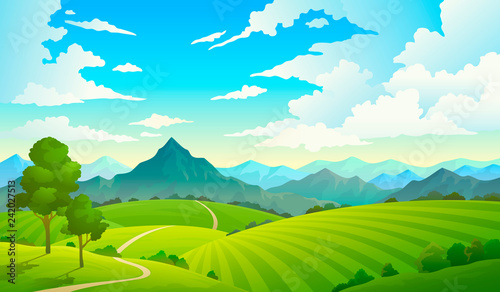 Meadows with mountains. Landscape hill field mountain land sky wild nature grass forest countryside tree. Summer land
