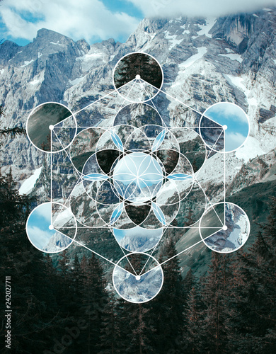 Collage with the mountain landscape and the symbol Metatron’s Cube