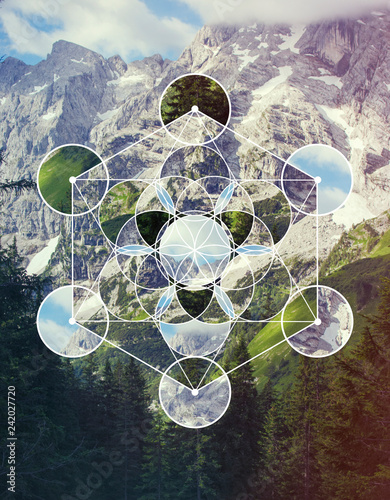 Collage with the mountain landscape and the symbol Metatron’s Cube