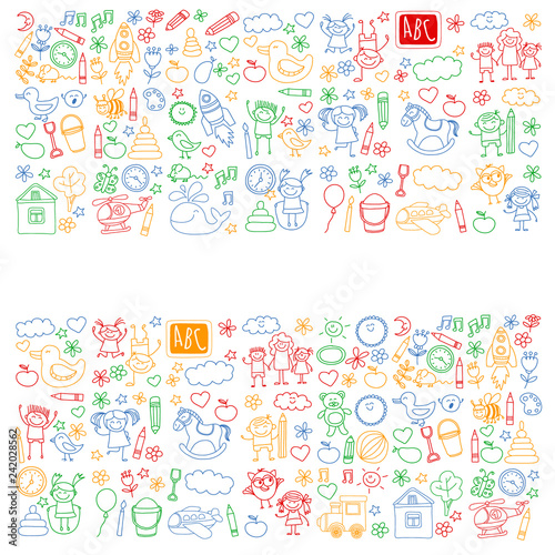 Vector doodle set with kindergarten children. Small kids play, learn, having fun together