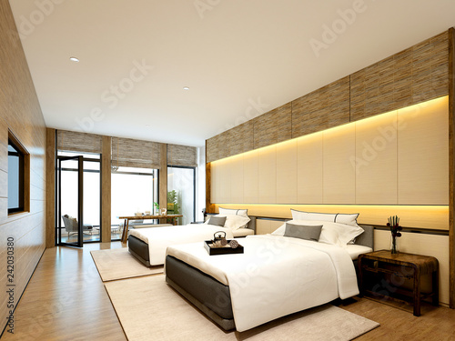 3d render luxury hotel room with two beds