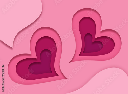 3d Valentine's Day card with two lovely pink hearts in a paper art style