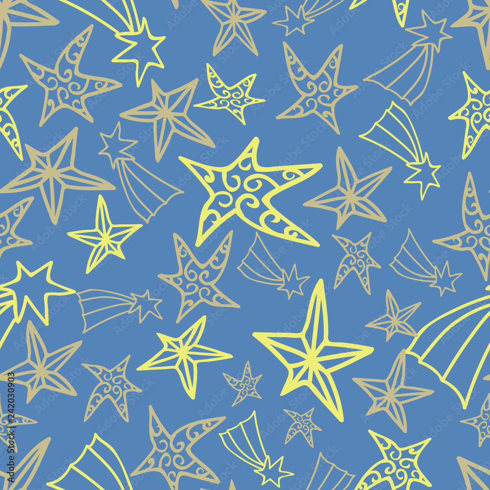 Blue and yellow stars night sky seamless pattern. Inspired by stargazing Blue and yellow stars night sky seamless pattern. Inspired by stargazing