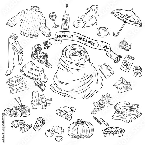 Sketchy vector hand drawn doodle cartoon set of objects and symbols on the autumn theme. Autumn favourites