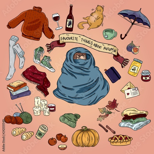 Colorful hand drawn doodle cartoon set of autumn objects and symbols. October mood