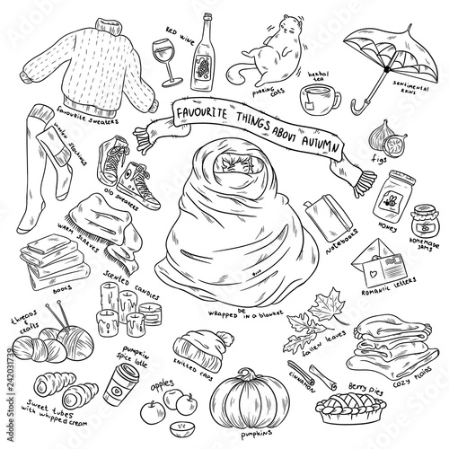 Colorful hand drawn doodle stickers cartoon set of autumn objects with lettering