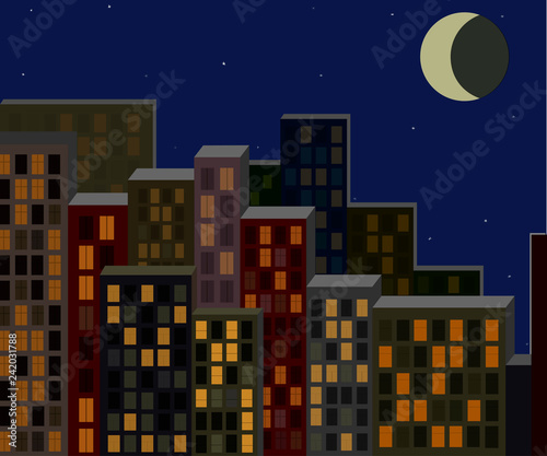 night city, skyscrapers with burning windows against the background of the night sky and moon