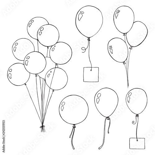 Set of different balloons. Inflatable balls on a string. Inflatable balloons with a card for text.