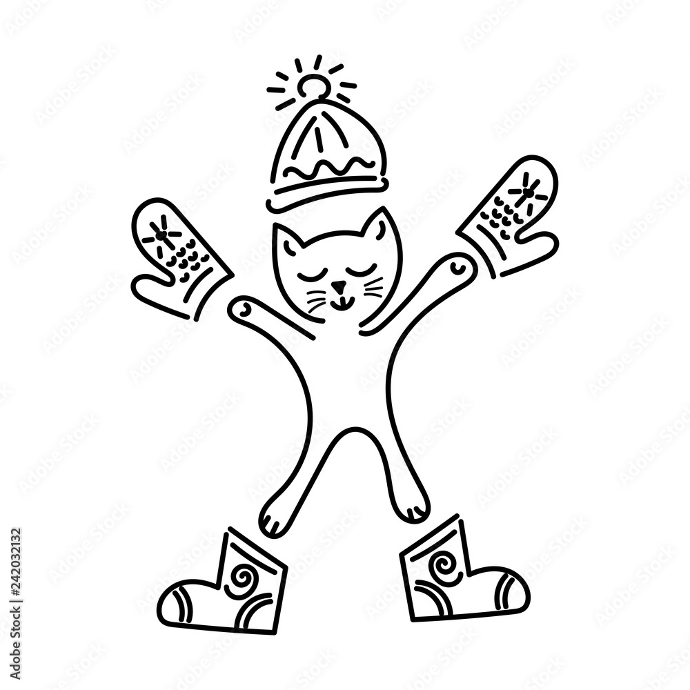 Funny cat in mittens, boots, hat. Hand drawing,outline, vector illustration. Stock Vector
