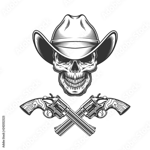 Vintage monochrome skull in cowboy hat