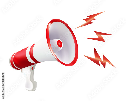 Vector 3d illustration white and red isolated megaphone. Announcement. Communication