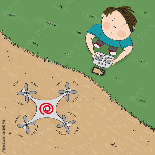 Drone video camera image - young boy controlling his drone, standing on the ground, drone is in the air - original hand drawn illustration