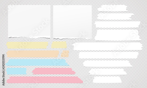 Set of white ripped note, notebook paper, torn sticky tape on grey background. Vector illustration