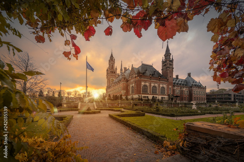 THE HAGUE, 19 November 2018 - Cloudy early morning on the Peace Palace garden, seat of the International Court of Justice, principal judicial organ of the United Nations, Netherlands photo