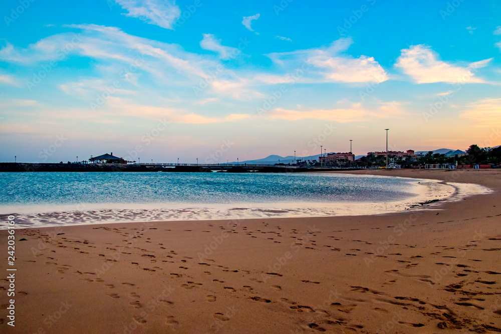 Sunrise on Canary Islands Spain at the beach of Caleta de Fuste Fuerteventura.
