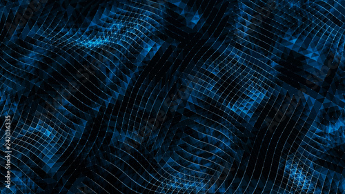 Digital data visualization. cybernetic particles. Low poly mesh. Flow. Wave. Abstract polygonal low poly wave background with connecting dots and lines. 3D rendering.